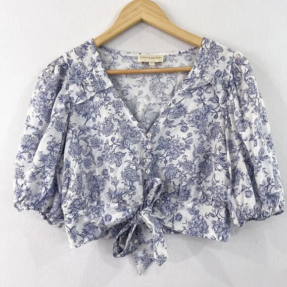 Cynthia Rowley Women's Blue Floral Linen Blend Crop Blouse XS Puff Sleeve Boho - Picture 2 of 7